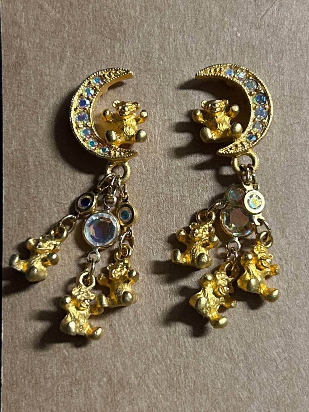 Rare 1990s Kirks Folly “Goodnight Teddybear” Gold Moon & Teddy‎ Drop Earrings AB